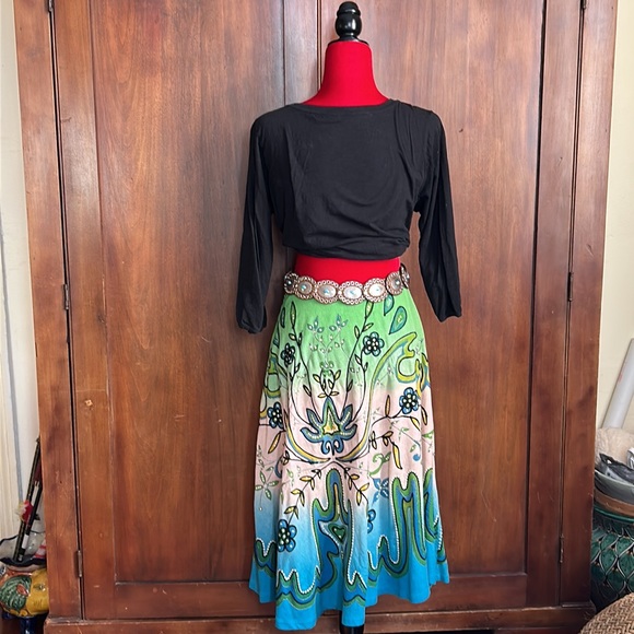 Vintage Bohemian Embroidered Sequined Linen Swing Skirt M - Picture 2 of 9